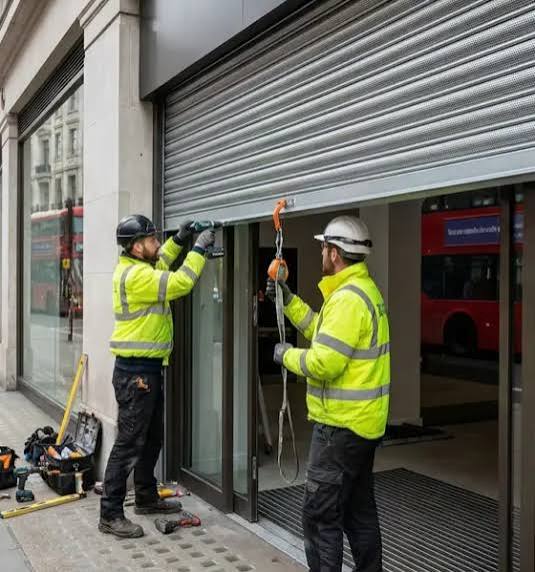 Engineer working on a shopfront roller shutter